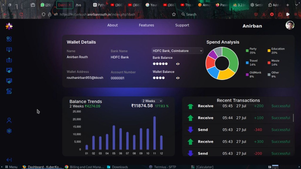 KuberKosh — Secure digital wallet dashboard UI screenshot showing account details and statistics