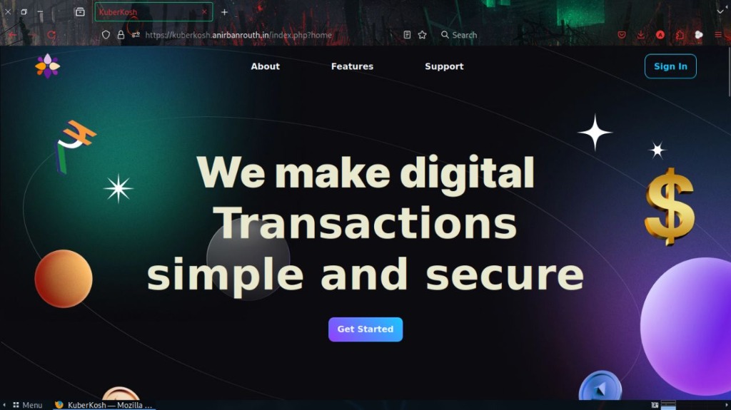 KuberKosh portal homepage displaying transaction tagline